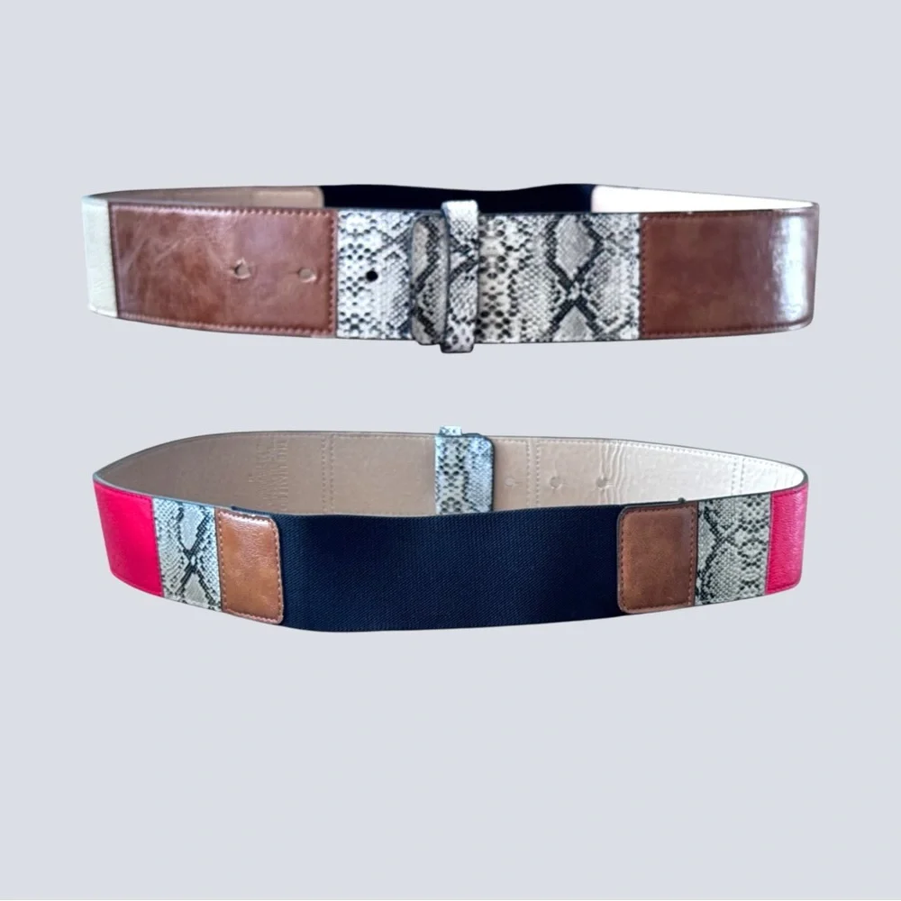 The Limited Wide Stretch Belt Sz M Colorblock Red Brown Snakeskin Elastic Waist